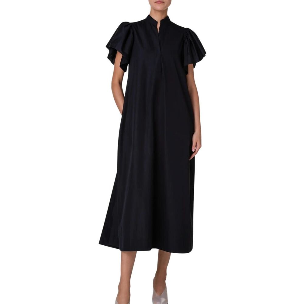 Akris Punto NWT Black Poplin Cotton Puff Flutter Sleeve Long Midi Dress $1390